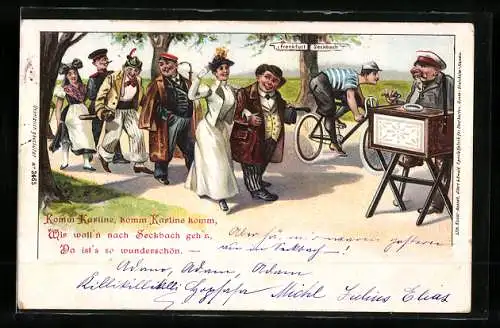 Lithographie Spazierende Bürger vor Leierkastenmann