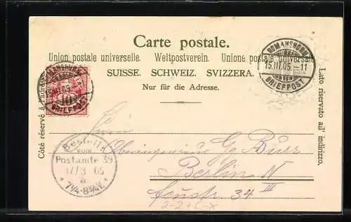 Präge-Lithographie Romanshorn, Hafenbild, schweizer Briefmarken und Wappen
