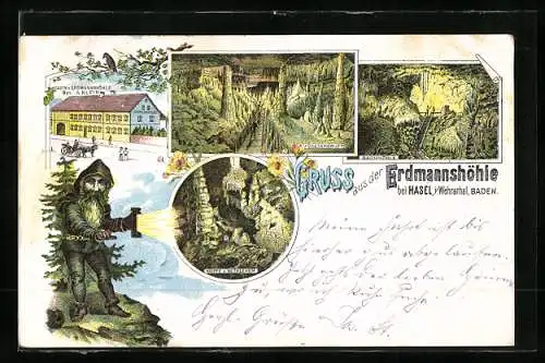 Lithographie Hasel i. Wehrathal, in der Erdmannshöhle, die Fürstengruft, die Bachmühle, Gasthaus