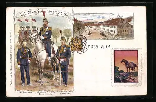 Lithographie Kgl. Württ. Leibgarde z. Pferd 1864, Garde-Kaserne