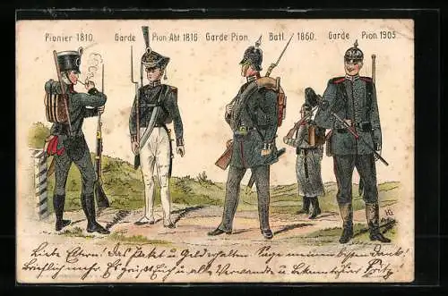 Lithographie Soldaten in Uniformen, Pionier 1810, Garde Pion. Abt. 1816, Garde Pion. Batl. 1860, Garde Pion. 1905