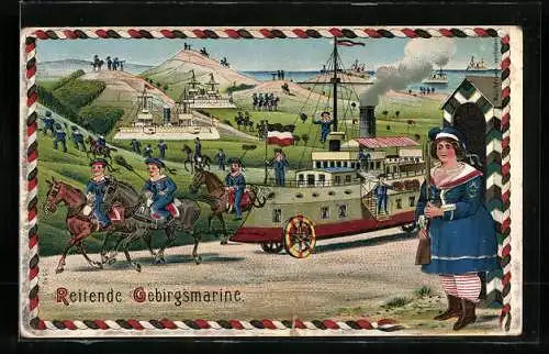 Künstler-AK Reitende Gebirgsmarine, Frauen beim Militär, Emanzipation der Zukunft