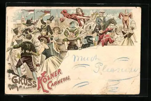 Lithographie Köln, Carneval, kostümierte Gäste auf dem Festplatz