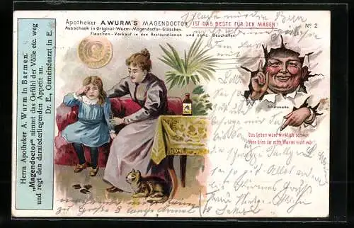 Lithographie Apotheker A. Wurm`s Magendoctor ist das Beste für den Magen, Mutter mit Kind, Männerportrait