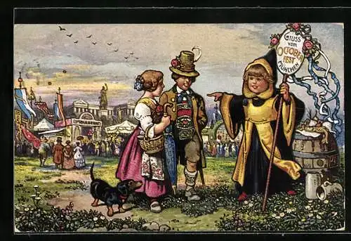 AK München, Oktoberfest, Münchner Kindl weist Besuchern mit Dackel den Weg