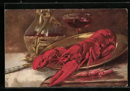 Künstler-AK Hummer mit Rotwein