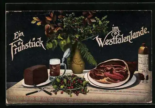 AK Ein Frühstück im Westfalenlande, Schinken, Brot und Bier