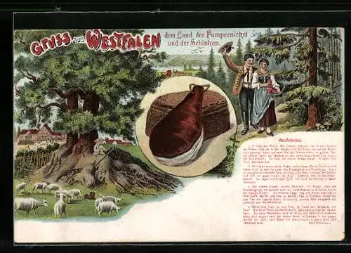AK Landpumpernickel und Schinken, Westfalenlied, Schäfer mit Herde unter einem Baum lagernd