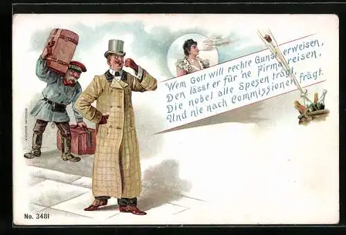 Künstler-AK Page trägt Gepäck eines Geschäftsmanns