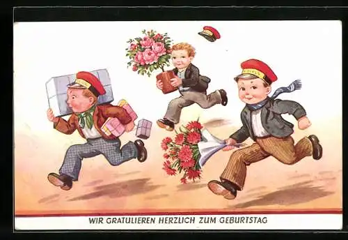 Künstler-AK Kleine Boten mit Paketen und Geburtstagswünschen