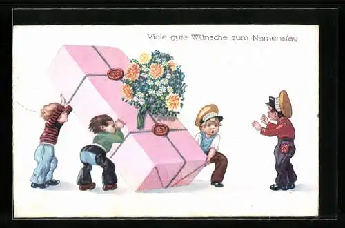 Künstler-AK Kleine Boten mit Paket und Namenstagswünschen