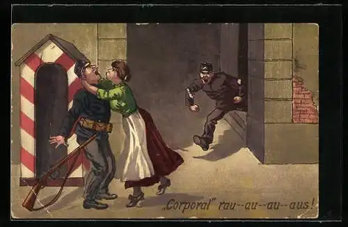 Künstler-AK Dienstmädchen und Soldat