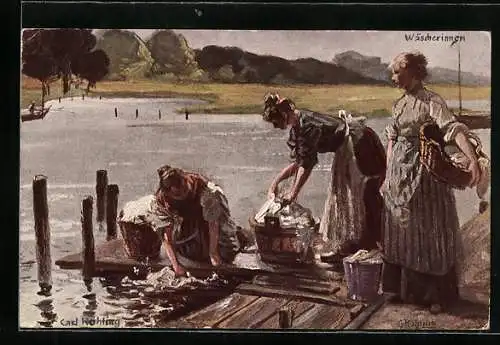 Künstler-AK Carl Röhling: Wäscherinnen, Waschfrauen bei der Arbeit am Steg
