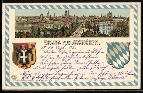 Lithographie München, Stadtansicht mit Münchner Kindl