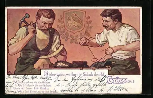 Künstler-AK Schuhmacher bei der Arbeit