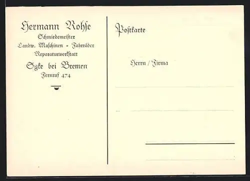 AK Syke bei Bremen, Korrespondenzkarte Schmiedemeister Hermann Kohle