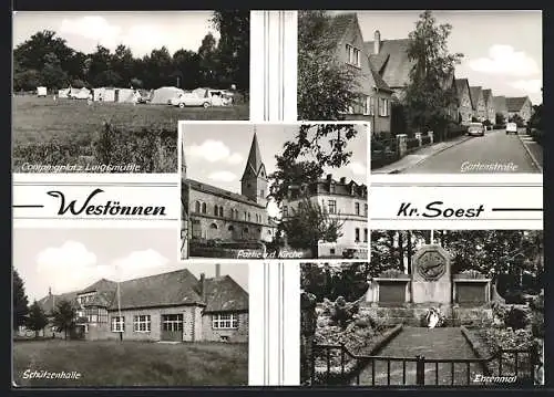 AK Westönnen /Soest, Campingplatz Luigsmühle, Gartenstrasse und Schützenhalle