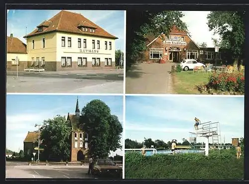 AK Apen, Gasthof zum Leuchtturm, Rathaus, Ev. luth. Kirche, Freibad