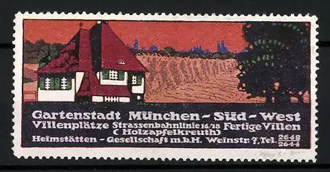 Künstler-Reklamemarke Ludwig Hohlwein, Gartenstadt München-Süd-West, Villa am Stadtrand