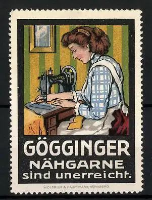 Reklamemarke Gögginger Nähgarne sind unerreicht, Hausfrau mit Nähmaschine