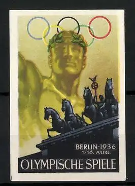Reklamemarke Berlin, Olympische Spiele 1936, Sieger, Brandenburger Tor, Olympische Ringe