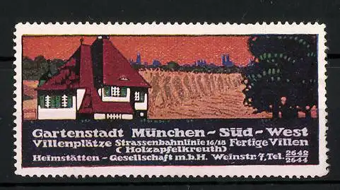 Künstler-Reklamemarke Ludwig Hohlwein, Gartenstadt München-Süd-West, Villa am Stadtrand