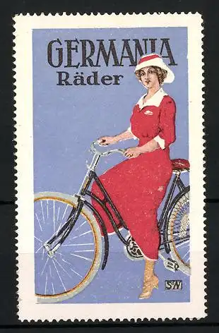 Künstler-Reklamemarke Germania Räder, Fräulein mit Fahrrad