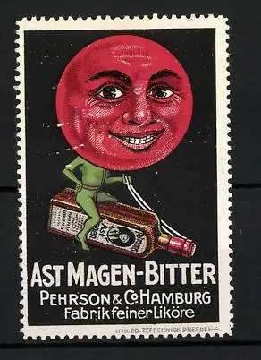 Reklamemarke Ast Magen-Bitter, Pehrson & Co. Hamburg, Fabrik feiner Liköre, Mond mit Gesicht und Körper reitet Flasche