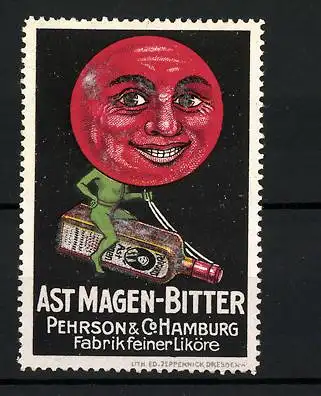 Reklamemarke Ast Magen-Bitter, Pehrson & Co. Hamburg, Fabrik feiner Liköre, Mond mit Gesicht und Körper reitet Flasche