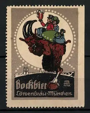 Künstler-Reklamemarke Otto Obermeier, Bockbier, Löwenbräu München, Familie reitet Bock, Teufel