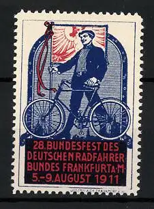 Reklamemarke Frankfurt a. M., 28. Bundesfest des Deutschen Radfahrerbundes 1911, Mann mit Fahrrad und Flagge
