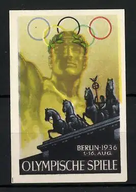 Reklamemarke Berlin, Olympische Spiele 1936, Olympische Ringe, Sieger, Brandenburger Tor