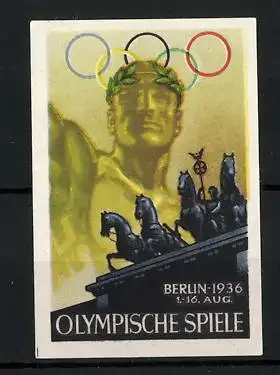 Reklamemarke Berlin, Olympische Spiele 1936, Olympische Ringe, Sieger, Brandenburger Tor