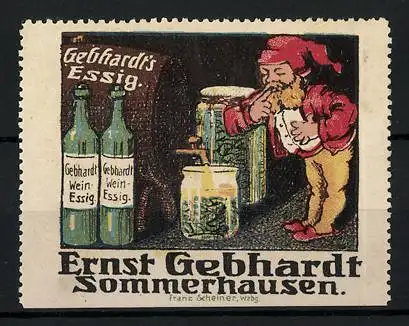 Reklamemarke Gerhardt`s Essig & Weinessig, Ernst Gebhardt, Sommerhausen, Zwerg mit Einmachgläsern