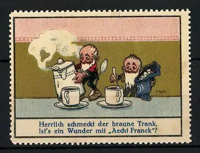 Reklamemarke Aecht Franck Kaffeezusatz, Zwerge giessen sich Kaffee ein