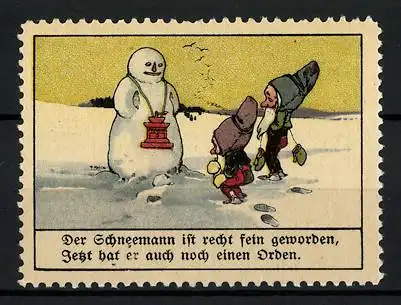 Künstler-Reklamemarke Fritz Reiss, Zwerge mit Schneemann, Aecht Franck Kaffeezusatz