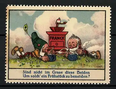 Künstler-Reklamemarke Fritz Reiss, Zwerge mit Kaffeemühle auf einer Wiese, Aecht Franck Kaffeezusatz