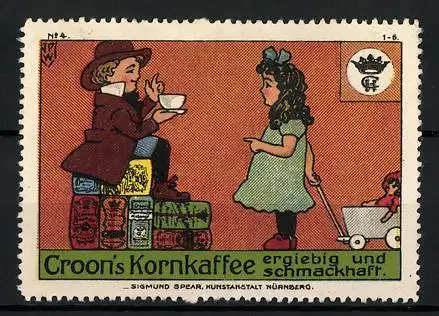 Künstler-Reklamemarke Johann Peter Werth, Cron`s Kornkaffee - ergiebig und schmackhaft, Kinderpaar mit Kaffee