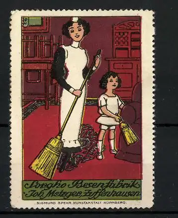 Künstler-Reklamemarke Johann Peter Werth, Besenfabrik Joh. Metzger, Zuffenhausen, Hausfrau und Mädchen beim Putzen