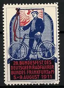 Reklamemarke Frankfurt a. M., 28. Bundesfest des Deutschen Radfahrerbundes 1911, Mann mit Fahrrad