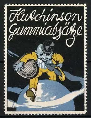 Reklamemarke Hutchinson Gummiabsätze, Mann eilt mit Absatz über die Erdkugel