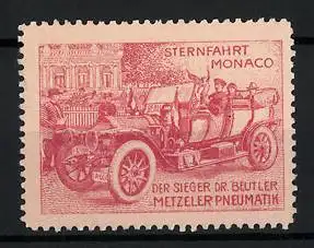 Reklamemarke Sternfahrt Monaco, der Sieger Dr. Beutler im Auto auf Metzeler Pneumatik