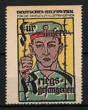 Reklamemarke Deutsches Hilfswerk für die Kriegs- und Ziviligefangenen, Kriegsgefangener hinter Stacheldraht