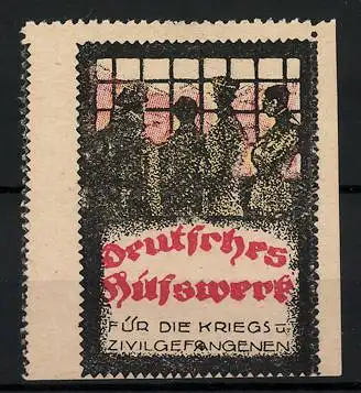 Reklamemarke Deutsches Hilfswerk für die Kriegs- und Ziviligefangenen, Soldaten stehen hinter einem Fenster