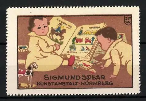 Künstler-Reklamemarke Johann Peter Werth, Nürnberg, Kunstanstalt Sigmund Spear, Kinder mit Bilderbuch