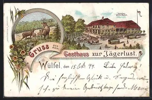 Lithographie Wülfel, Gasthaus zur Jägerlust, Hirsch mit Rehen
