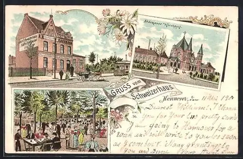 Lithographie Hannover, Gasthof zum Schweizerhaus, Stöckener Kirchhof, Strassenbahn