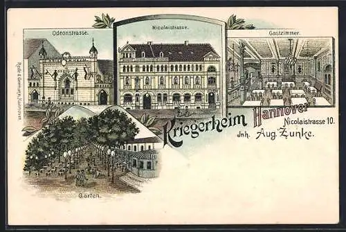 Lithographie Hannover, Kriegerheim, Inneres Gastzimmer, Nicolaistrasse 10, Garten