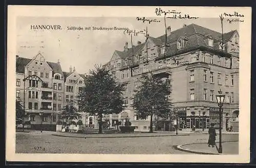 AK Hannover, Sallstrasse mit Zigarrengeschäft und Struckmeyer-Brunnen