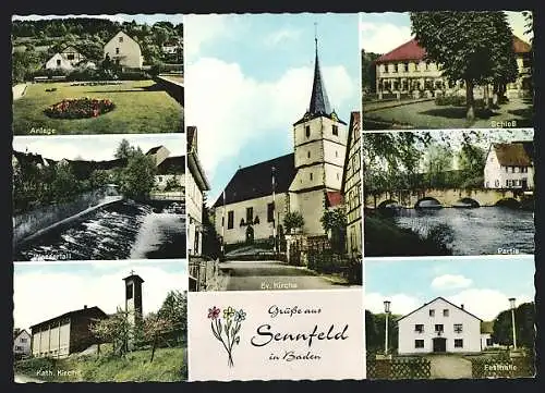 AK Sennfeld / Baden, Ev. Kirche, Wasserfall, Kath. Kirche, Schloss
